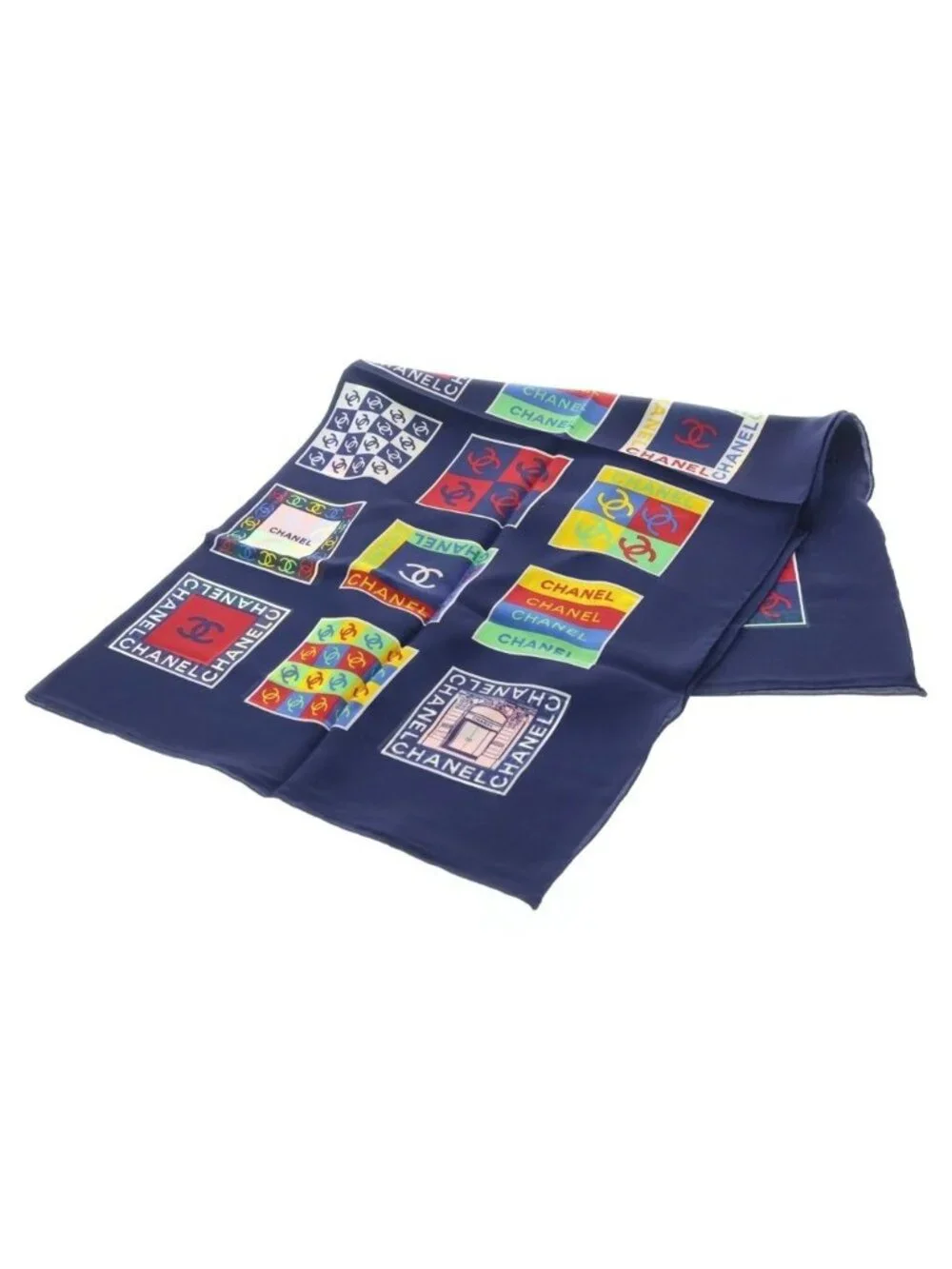 Chanel CC Logo Allover Print Silk Scarf Navy